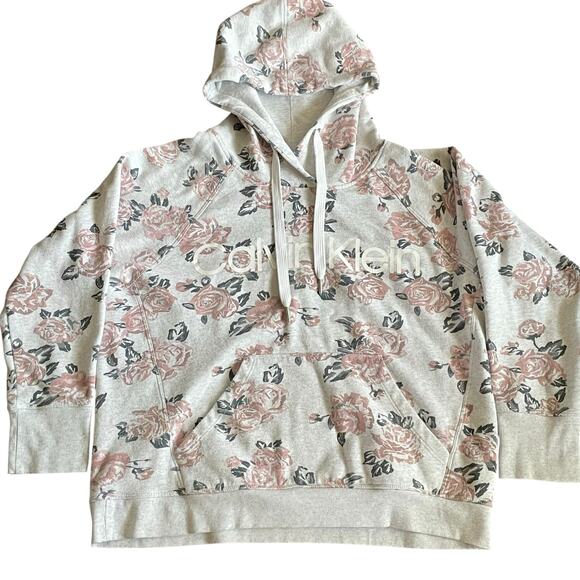 Calvin Klein Gray Rose Print Pullover Hoodie Womens LARGE Kangaroo Pocket Grunge - Picture 1 of 9